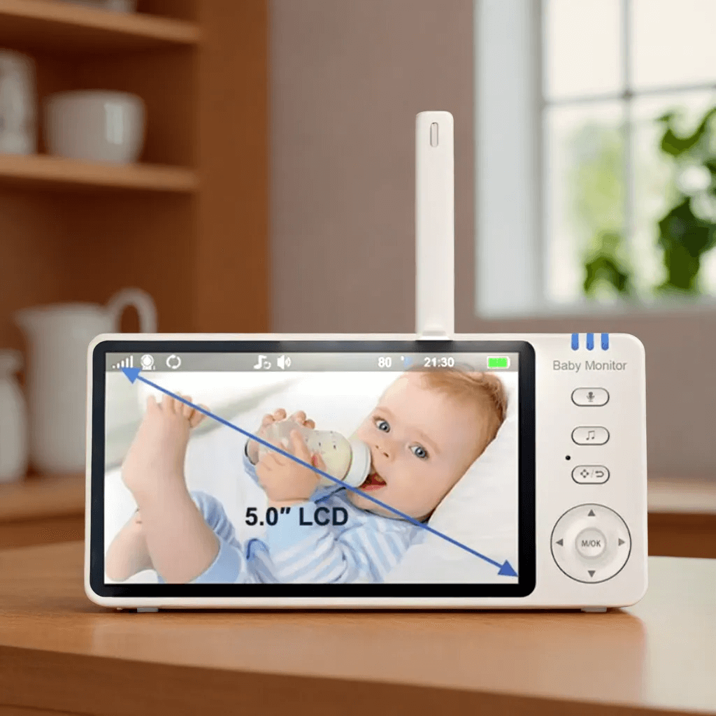 Babyphone Caméra Sans Fil, Écran HD 5'', Caméra Rotative à Distance, Vision Nocturne, Audio Bidirectionnel, Surveillance de Température