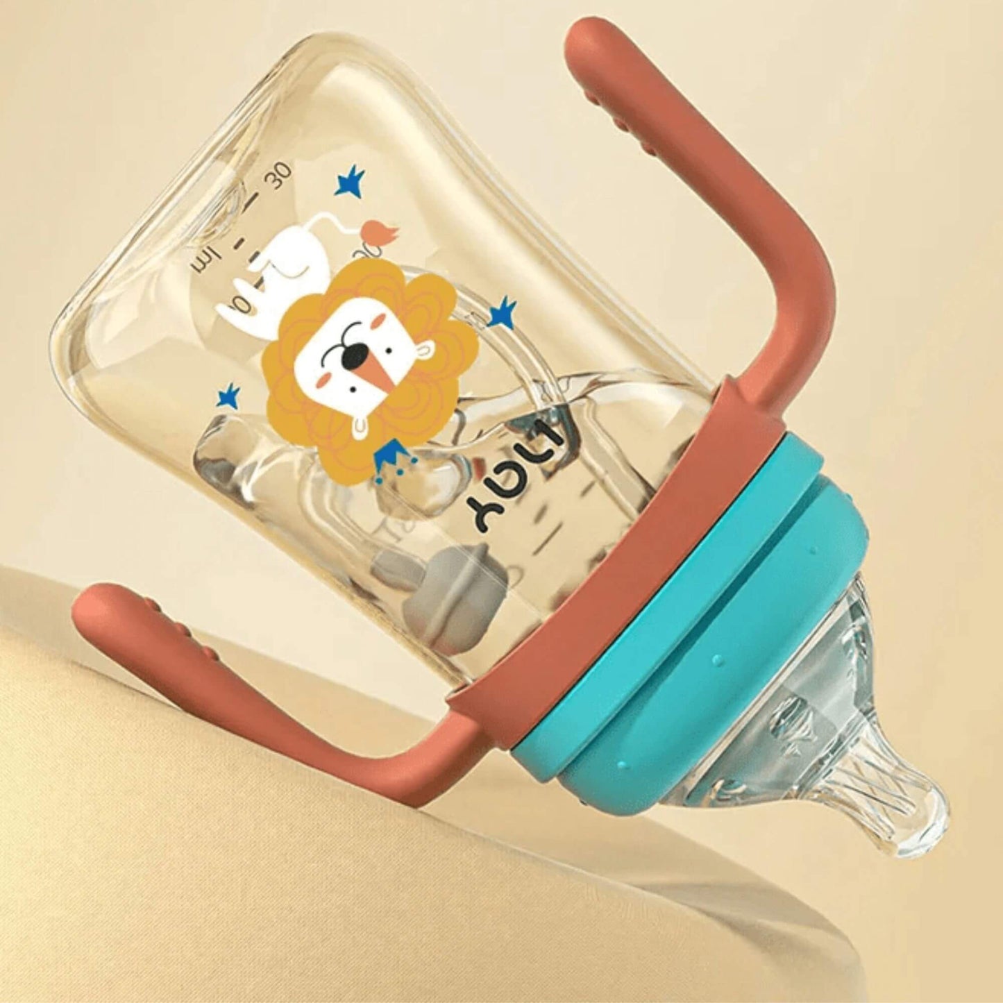 Biberon Anti-Colique 240ml – Tétine en Silicone Naturelle, Motif Lion Mignon, Poignées Ergonomiques