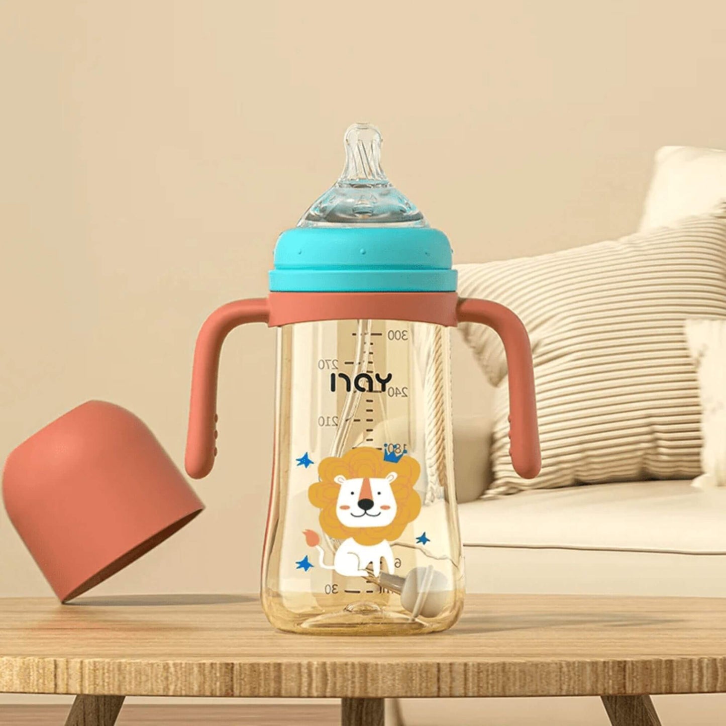 Biberon Anti-Colique 240ml – Tétine en Silicone Naturelle, Motif Lion Mignon, Poignées Ergonomiques