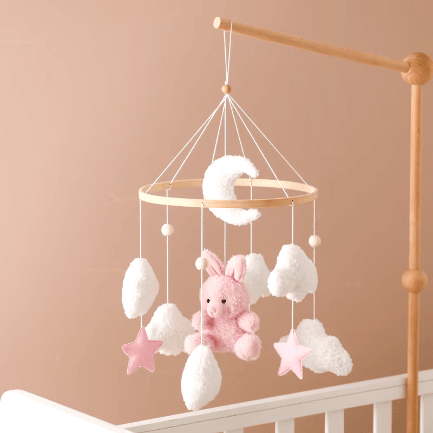 Mobile pour Lit Bébé BunnyDreams – Lapin Mignon Marron ou Rose avec Lune, Étoiles et Nuages