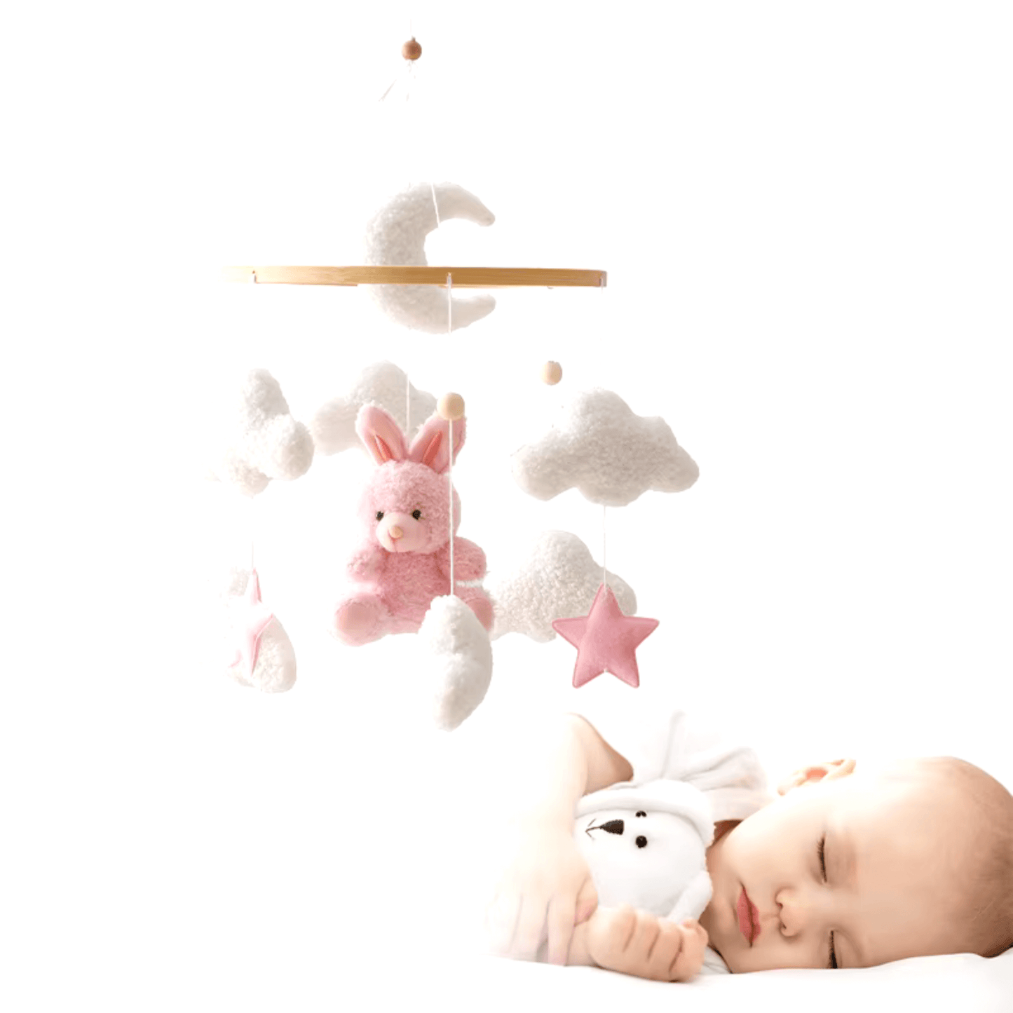 Mobile pour Lit Bébé BunnyDreams – Lapin Mignon Marron ou Rose avec Lune, Étoiles et Nuages