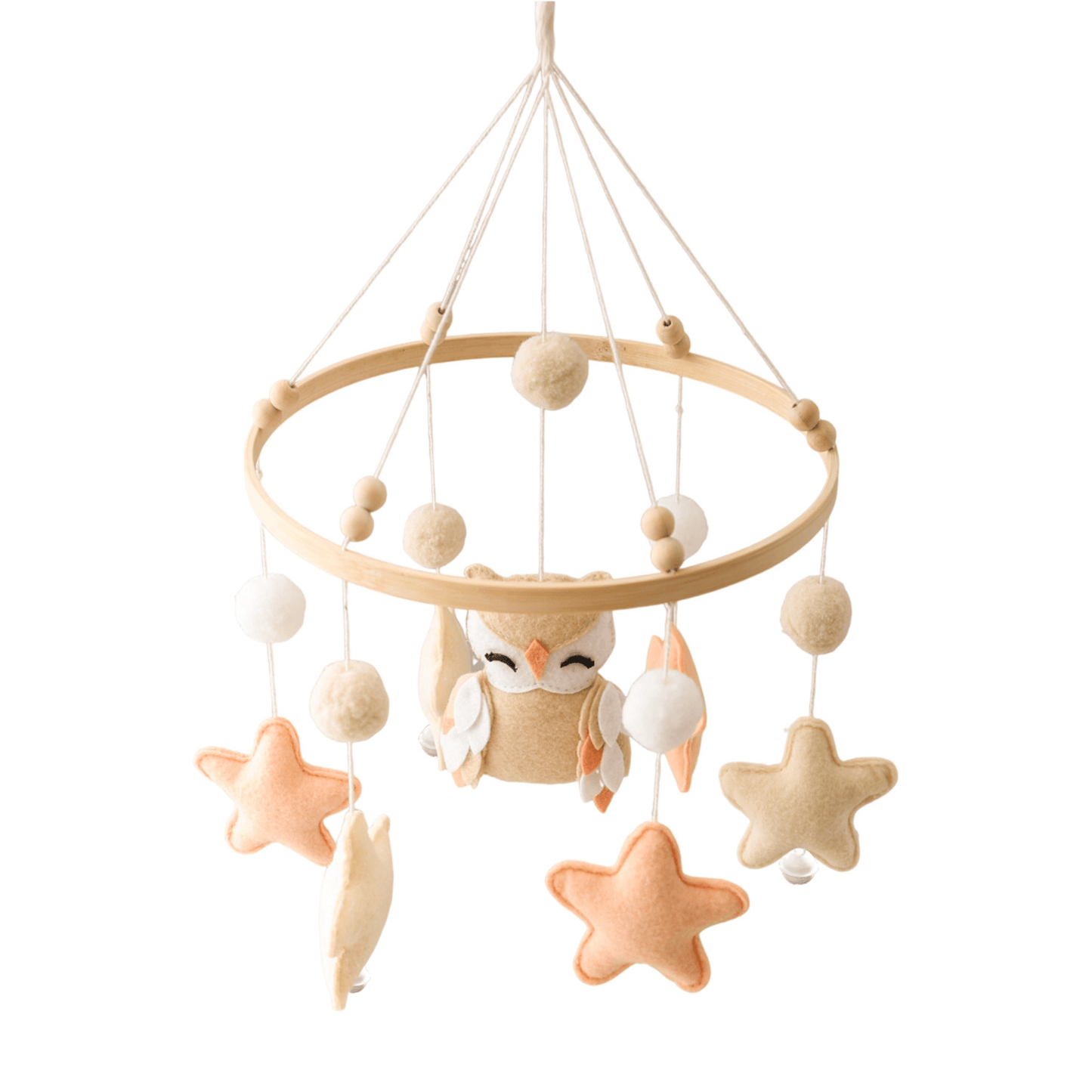 Mobile pour Lit Bébé OwlDreams – Hibou Mignon Marron, Rose ou Beige avec Étoiles, Boules et Clochettes