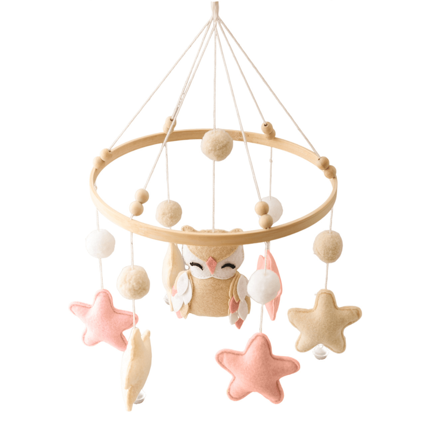 Mobile pour Lit Bébé OwlDreams – Hibou Mignon Marron, Rose ou Beige avec Étoiles, Boules et Clochettes
