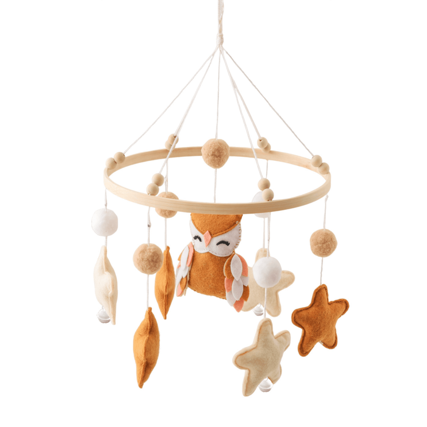 Mobile pour Lit Bébé OwlDreams – Hibou Mignon Marron, Rose ou Beige avec Étoiles, Boules et Clochettes
