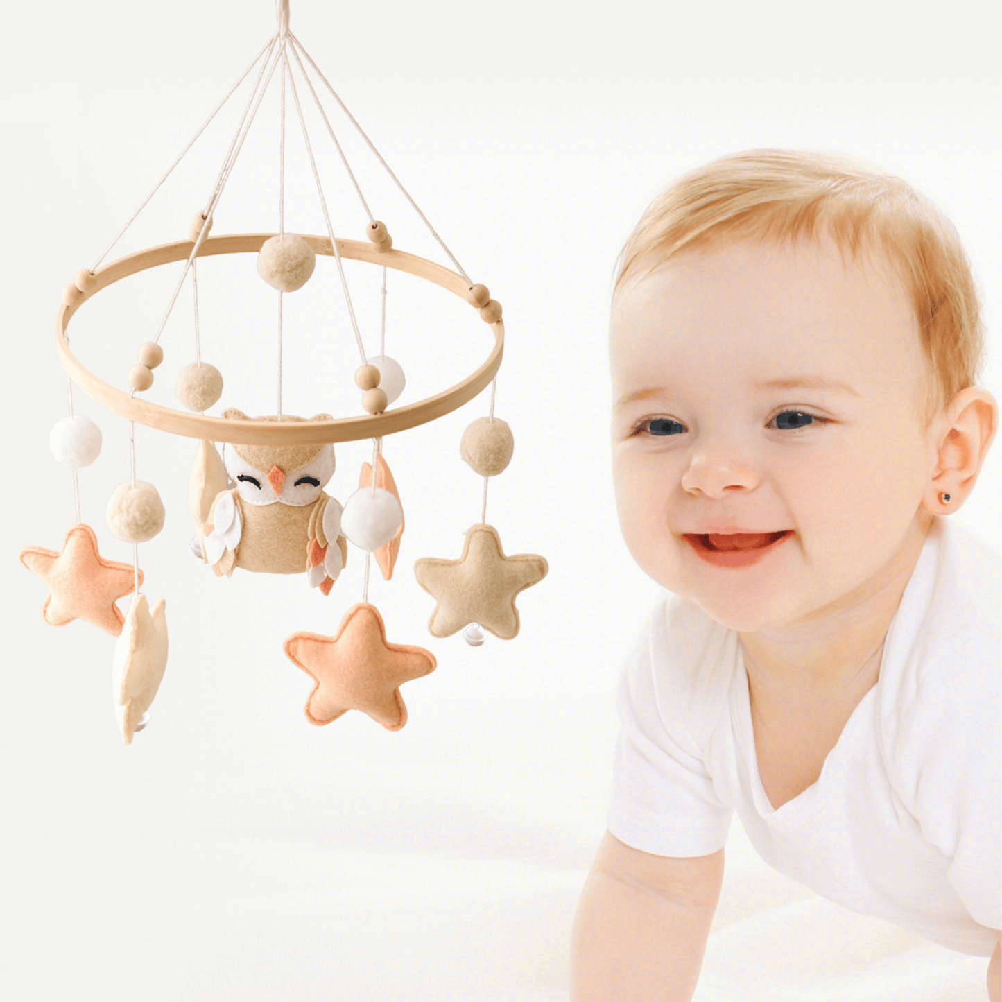 Mobile pour Lit Bébé OwlDreams – Hibou Mignon Marron, Rose ou Beige avec Étoiles, Boules et Clochettes