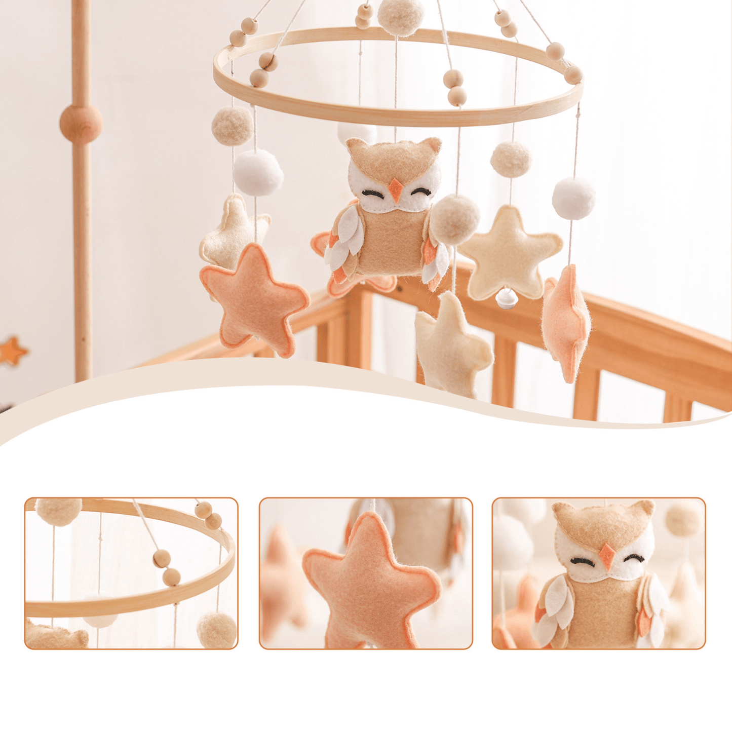 Mobile pour Lit Bébé OwlDreams – Hibou Mignon Marron, Rose ou Beige avec Étoiles, Boules et Clochettes
