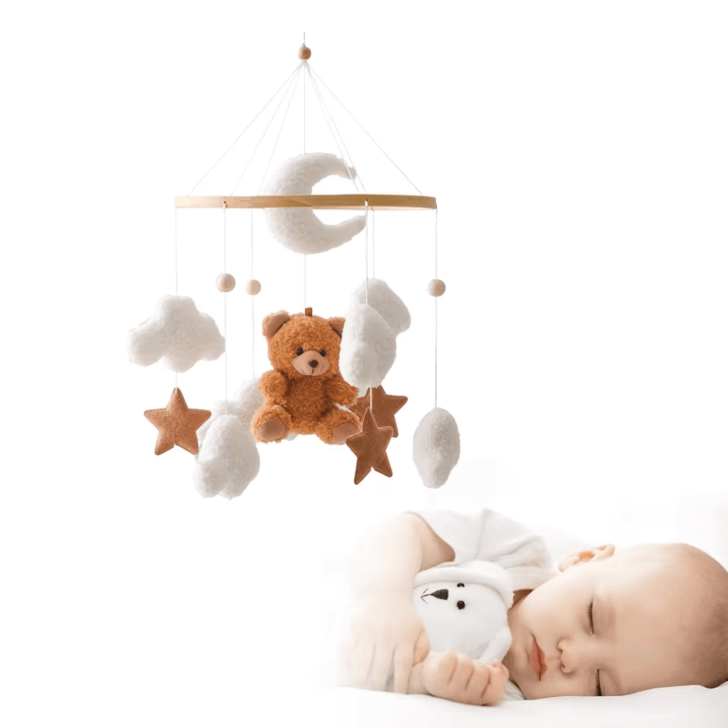 Mobile pour Lit Bébé SweetDream – Ourson Mignon Marron ou Rose avec Lune, Étoiles et Nuages
