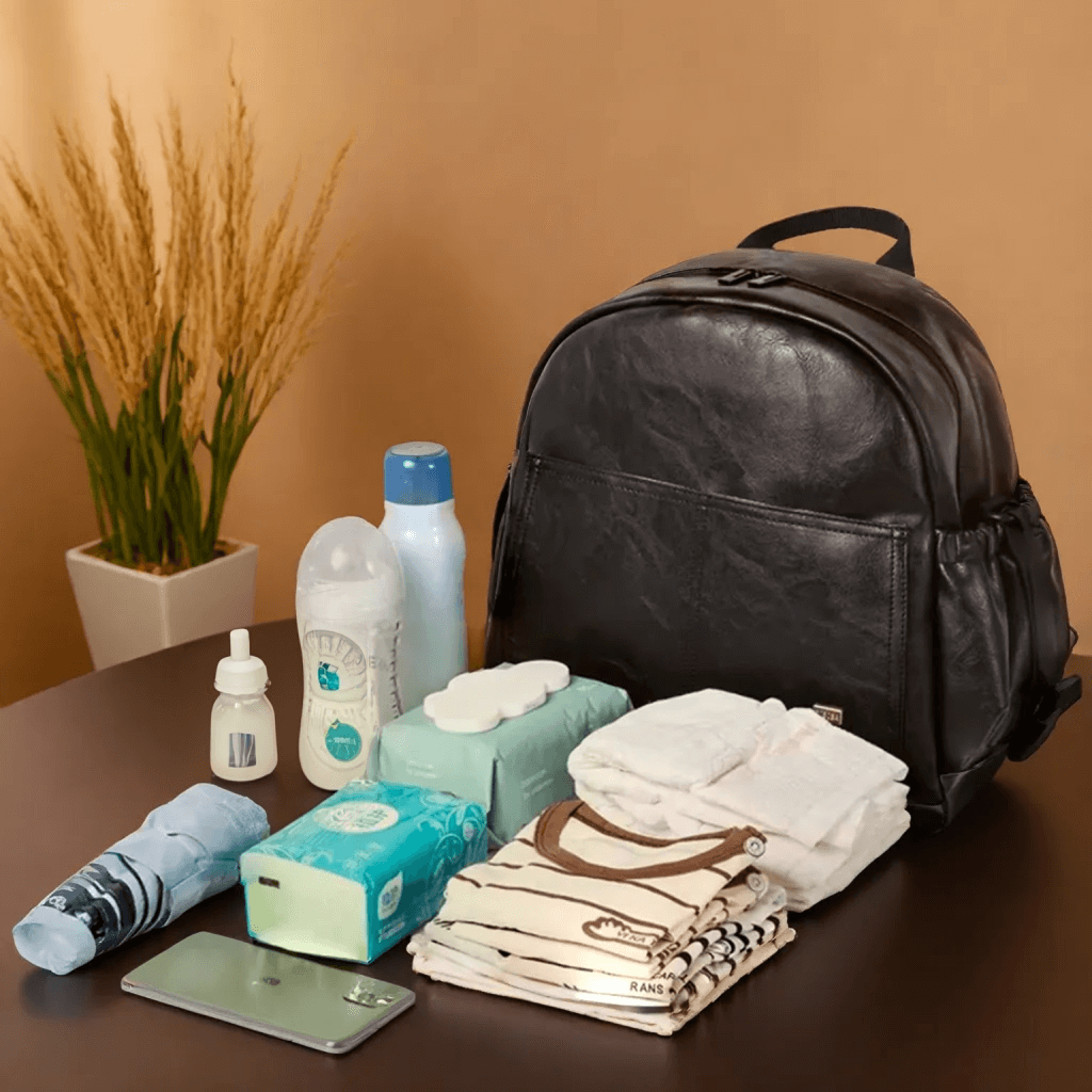 Sac à Dos à Langer en Simili Cuir, Grande Capacité, Chic et Élégant avec Attaches Poussette