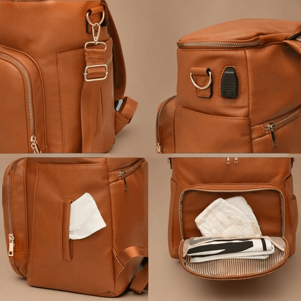 Sac à Langer en Simili Cuir Imperméable avec Port USB Intégré, Sac à Dos Grande Capacité