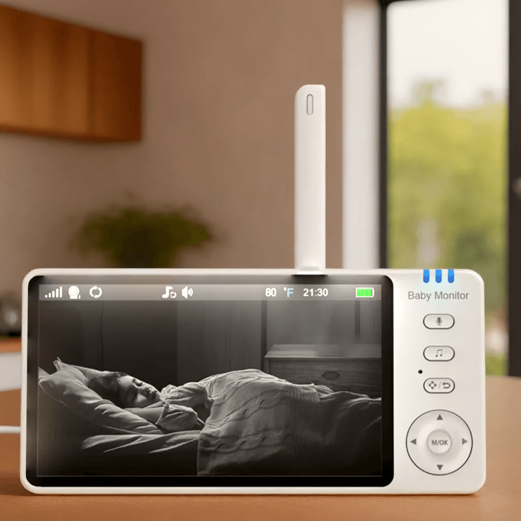 Babyphone Caméra Sans Fil, Écran HD 5'', Caméra Rotative à Distance, Vision Nocturne, Audio Bidirectionnel, Surveillance de Température